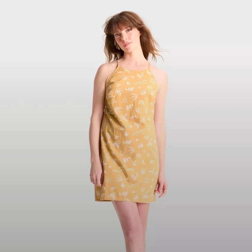 A New Day TAN Women's halter beach mini dress NWT tie back linen CORAL PATTERN